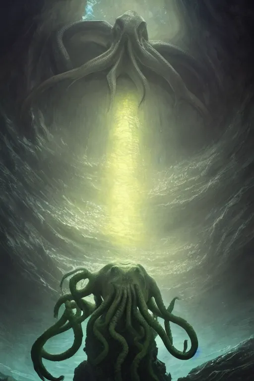 Image similar to cthulhu dreaming at the bottom of the ocean, huge, towering, gigantic, high octane, 8 k, digital art, magic the gathering, mtg, by greg rutkowski, trending on artstation