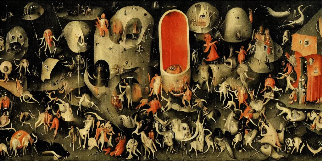 Prompt: A scene from hell, Hieronymus Bosch painting style.