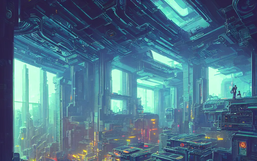 Image similar to futuristic cyberpunk lounge, interior architecture view, beautiful detailed pixelart by albertov, intricate details, beautiful, dithered gradients, volumetric lighting, cgsociety, artstation, smooth, sharp focus, 2 d illustration, by greg rutkowski, amazing art by dan mumford