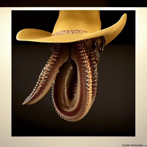 Image similar to hyperrealistic dslr film still of amorphous cephalopod wearing a cowboy hat, stunning 8 k octane comprehensive 3 d render, inspired by istvan sandorfi & greg rutkowski & unreal engine, perfect symmetry, dim volumetric cinematic lighting, extremely hyper - detailed, extremely lifelike attributes & lifelike texture, intricate, masterpiece, artstation, stunning