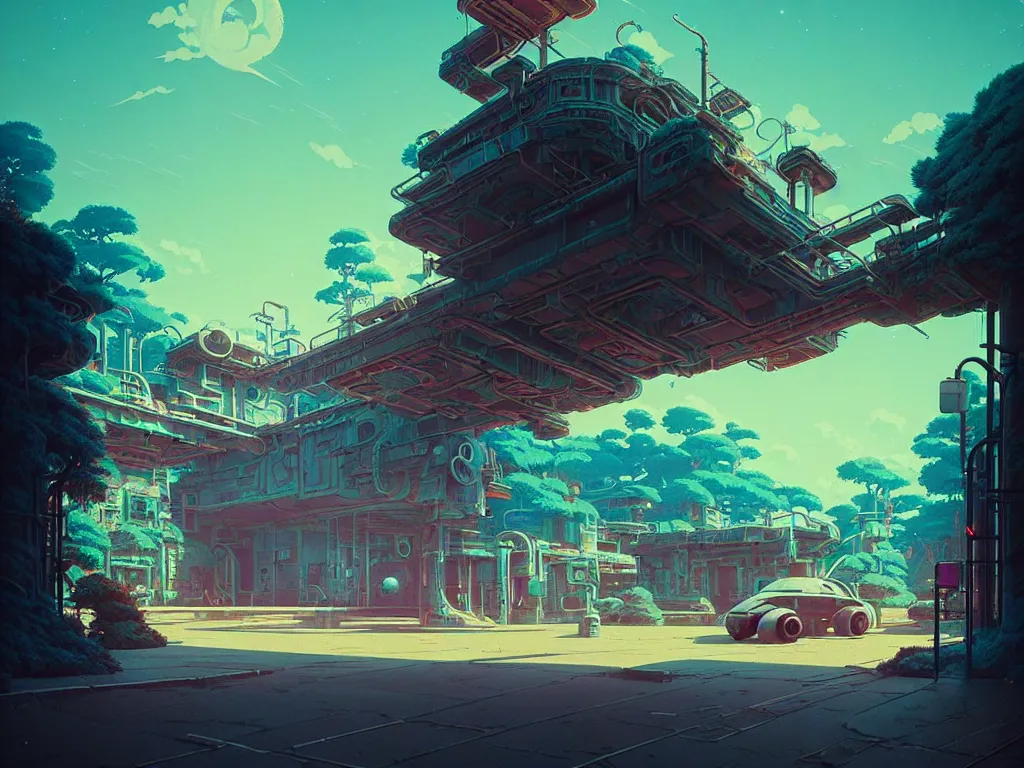 Image similar to 80s outdoor retro arcade, desolate, moody:: studio ghibli, beeple and James Gilleard and Justin Gerard :: ornate, dynamic, particulate, intricate, elegant, highly detailed, centered, artstation, smooth, sharp focus, octane render, 3d