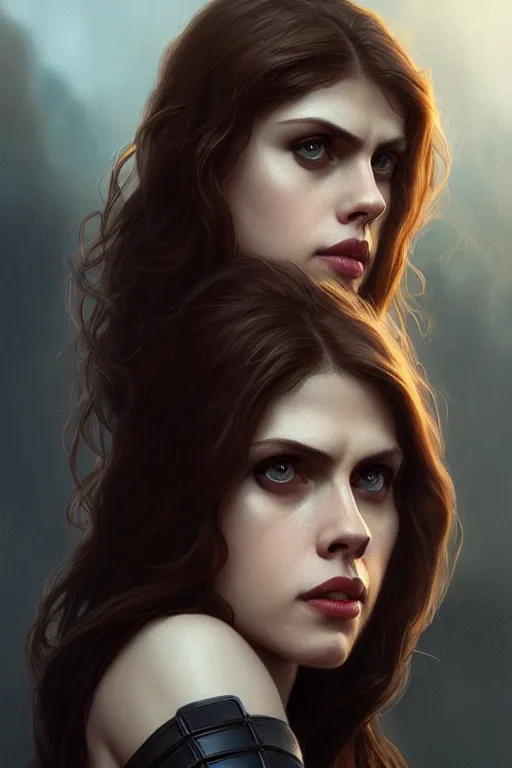 Image similar to alexandra daddario as black widow, realistic portrait, symmetrical, highly detailed, digital painting, artstation, concept art, smooth, sharp focus, illustration, cinematic lighting, art by artgerm and greg rutkowski and alphonse mucha