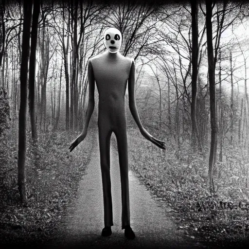 Image similar to slenderman black and white photo, amateur photography