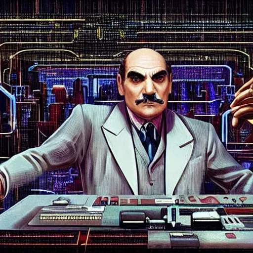 Prompt: david suchet's poirot as cyberpunk