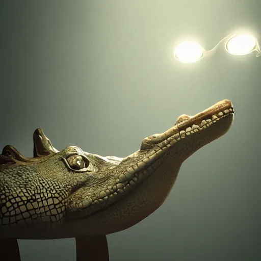 Image similar to anthropomorphic alligator wearing a vest, cinematic lighting, digital art