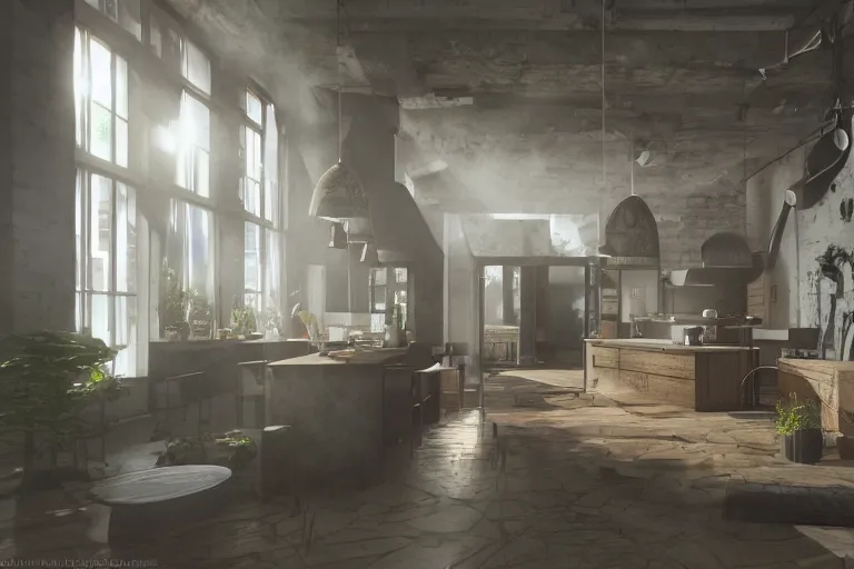 Prompt: ecopunk kitchen, liminal space, high detail, rendered in unreal engine, 3d render, god rays, volumetric lighting, HDR, subsurface scatter, mansion, interior, large windows, rich house