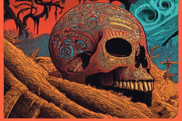 Prompt: aztec skull made of churros!!!!!!!!!!!!!!!!!!, digitally painted by Tim Doyle, Kilian Eng and Thomas Kinkade, centered, uncropped