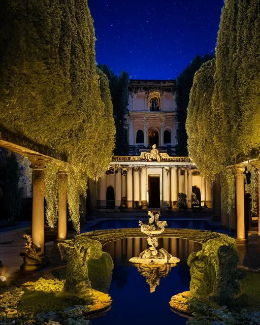 Prompt: photo of beautiful rococo courtyard under moonlight, large glowing moon, pool with reflections, weeping willows and flowers, hellenistic sculptures, romantic, archdaily,