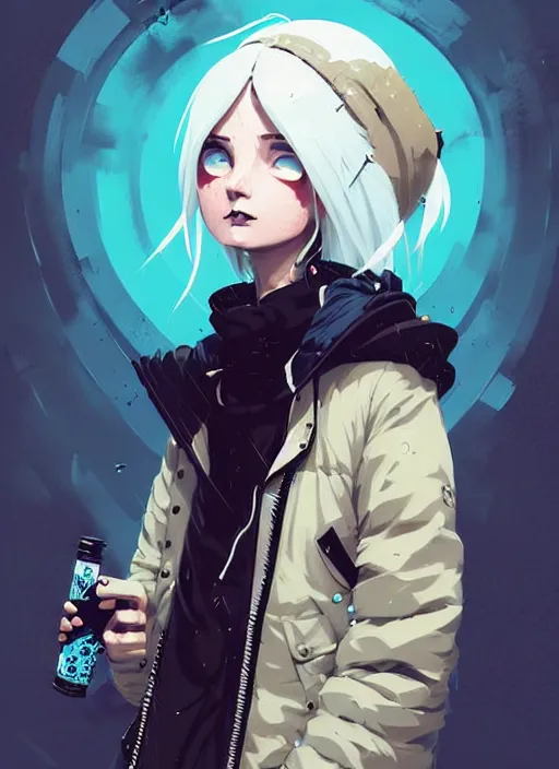 Prompt: highly detailed portrait of a sewer punk lady student, blue eyes, parka jacket, white hair by atey ghailan, by greg rutkowski, by greg tocchini, by james gilleard, by joe fenton, by kaethe butcher, gradient blue, black, brown and cyan color scheme, grunge aesthetic!!! ( ( graffiti tag wall background ) )
