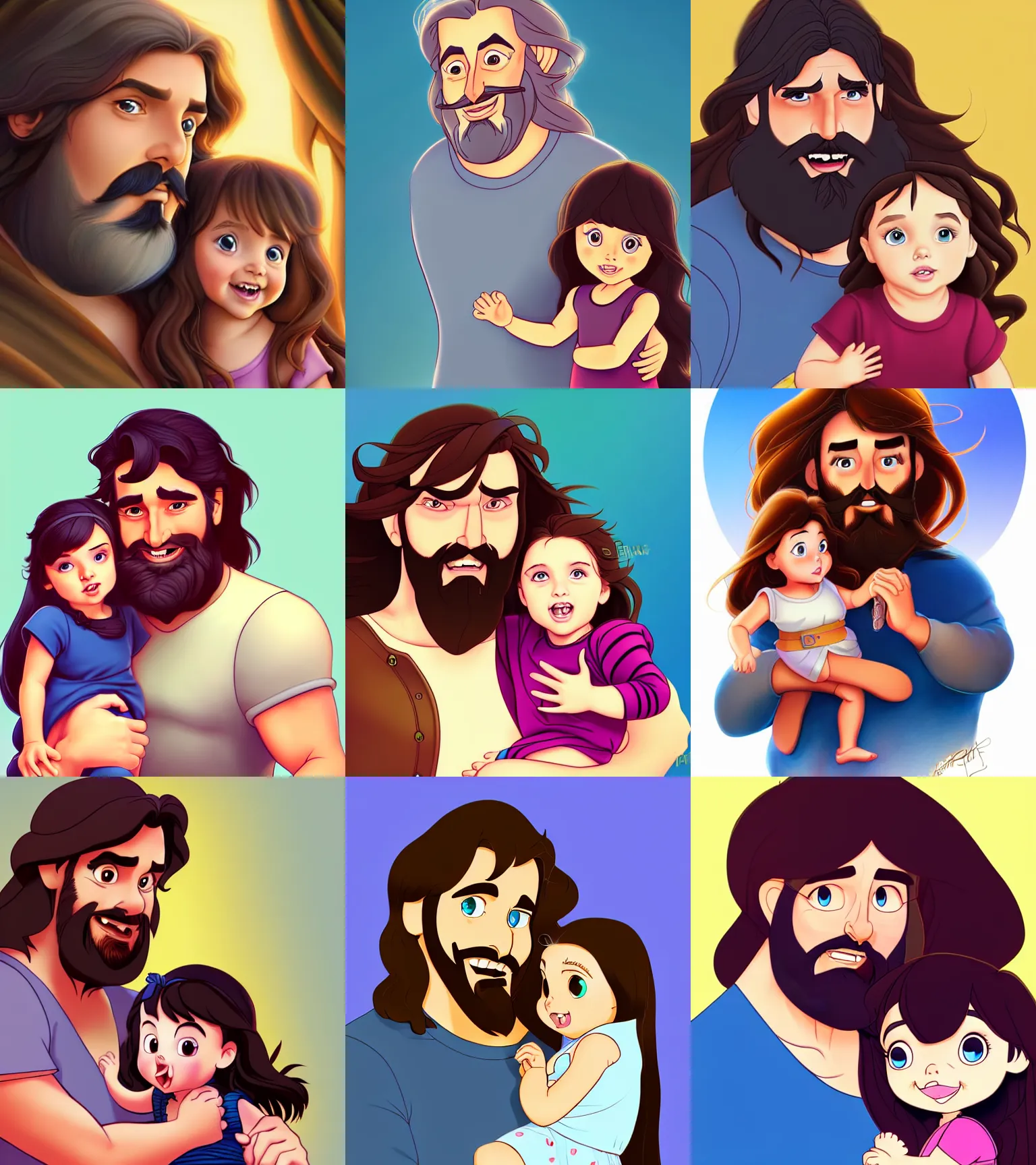 Image similar to a long - haired bearded father and his brunette child toddler girl full color digital illustration in the style of don bluth, artgerm, artstation trending, 4 k