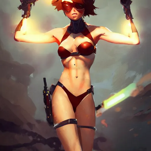 Prompt: tracer in bikini, cinematic lighting, dramatic atmosphere, artwork by dustin nguyen, akihiko yoshida, greg tocchini, greg rutkowski, cliff chiang, 4 k resolution, trending on artstation