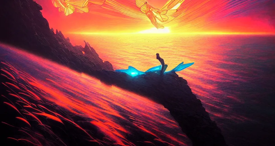 Image similar to psychedelic tron wings in front mind bending sunset, cliffside ocean scene, backlit, aesthetic, elegant, diffuse lighting, hyper realistic, elegant, intricate, hyper detailed, smooth, sharp focus, concept art, illustration, trending on artstation, art by artem demura, greg rutkowski, james gurney, and alphonse mucha