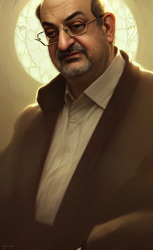 Image similar to portrait of salman rushdie, deep focus, d & d, fantasy, intricate, elegant, highly detailed, digital painting, artstation, concept art, matte, sharp focus, illustration, art by artgerm and greg rutkowski and alphonse mucha