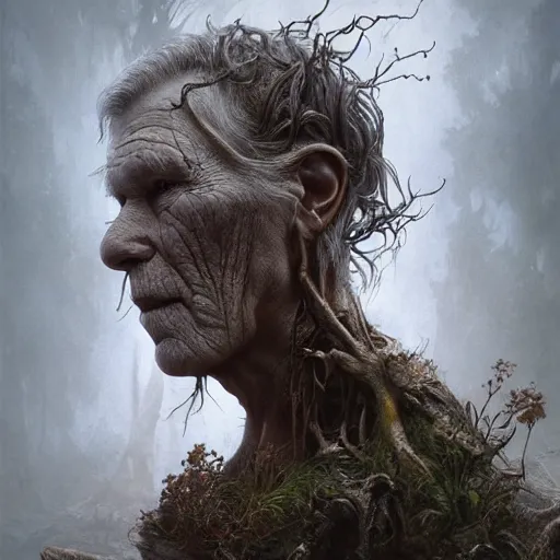 Image similar to rotten stem formed like the face of nick nolte in the swamp, at dusk, misty athmosphere, ultra realistic, concept art, intricate details, eerie, highly detailed, photorealistic, octane render, 8 k, unreal engine. art by ed binkley and ellen jewett and artgerm and greg rutkowski and alphonse mucha