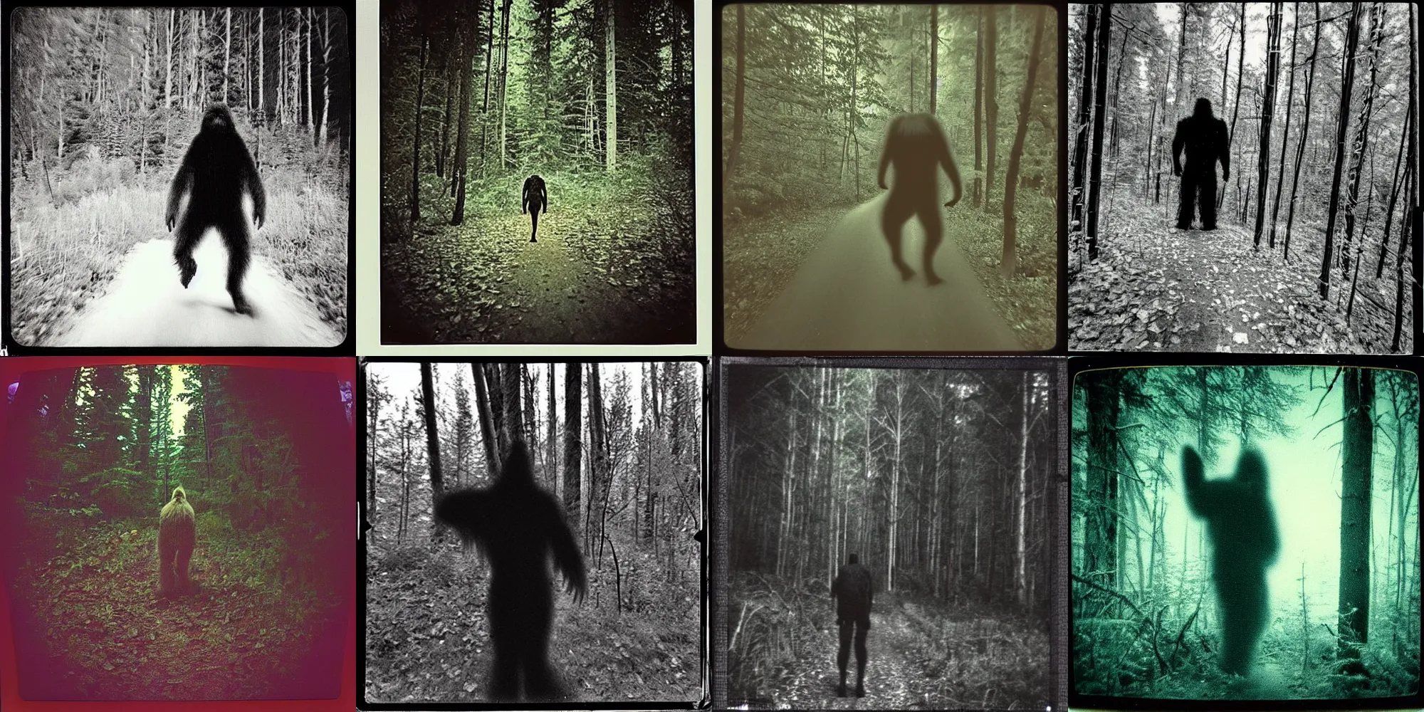 Prompt: scary night!!! trail camera photograph of a bigfoot in the forest. obscurity. darkness!!!. flash light. motion blur. dim light. polaroid