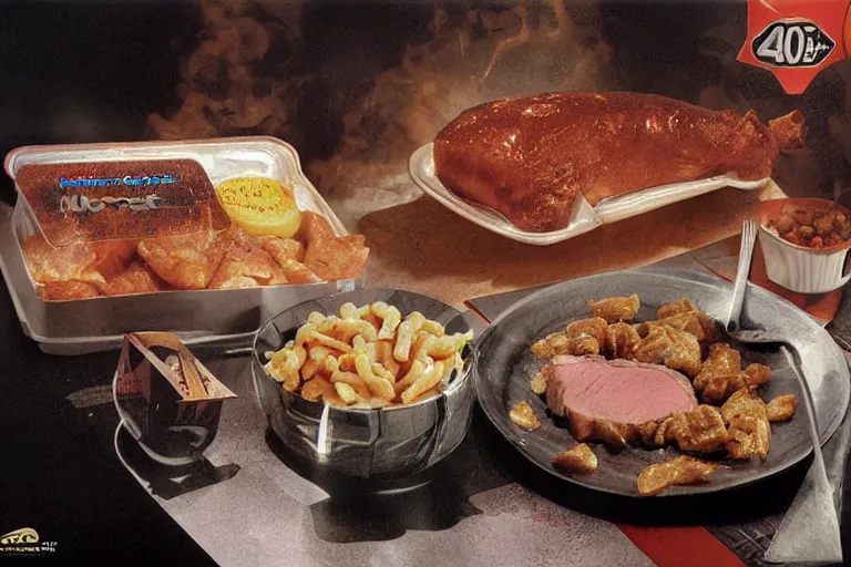 Image similar to mcdonald's roast pork meal, in 1 9 9 5, y 2 k cybercore, advertisement photo. artwork by craig mullins