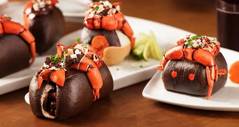 Prompt: chocolate lava stuffed lobster roll promotional image