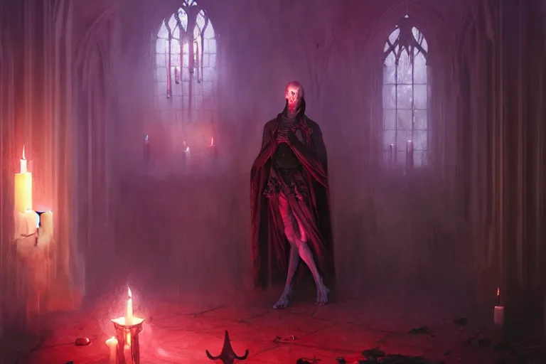 Image similar to Character concept art of Pretty guy male necromancer bringing dead to alive, casting dark magic spell. Gothic Castle room, lots of candles, barely lit warm violet red light, surrounded by ghosts coming through the floor By greg rutkowski, tom bagshaw, beksinski