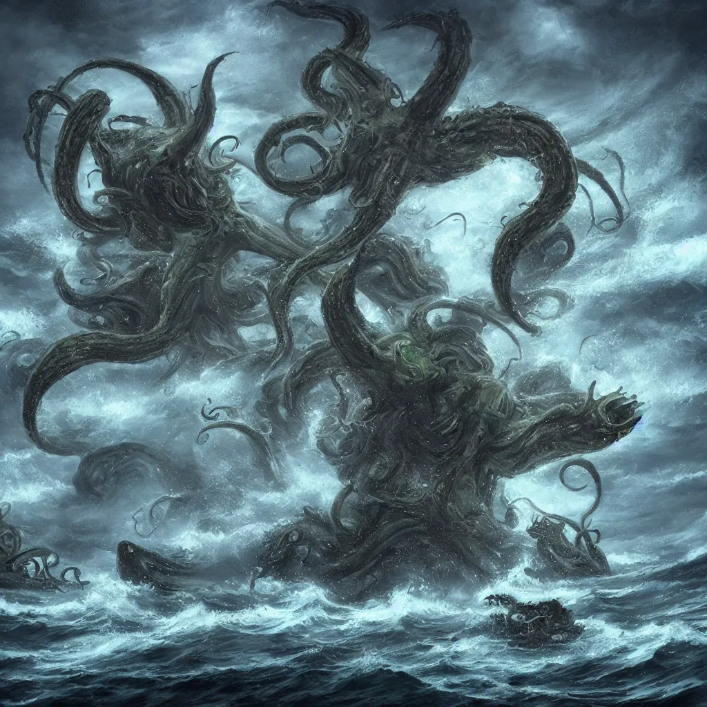 Prompt: A 600 meter high cthulhu fighting against a 500 meter Kraken on a stormy sea with boats around., photoreal