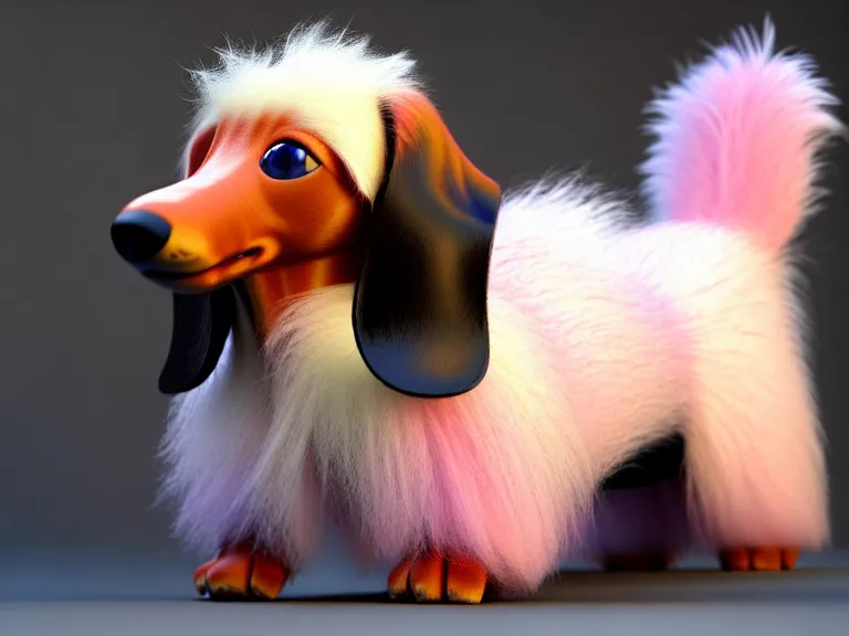 Image similar to high quality 3 d render hyperrealist very cute fluffy smooth dachshund plush mascot, long spiky fluffy hair, photo from the side, multi pastel colors, vray, smooth background, artstation, ultra detailed
