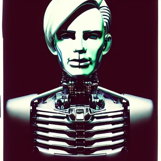 Image similar to a robot with the face of andy warhol, cyberpunk photo, award winning portrait, uncanny valley, dramatic lighting, detailed face, sharp focus, cinestill 8 0 0 t