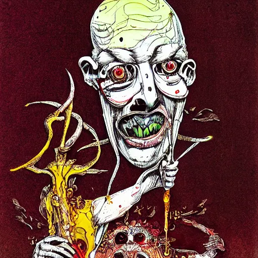 Prompt: Graphic Illustration, Creative Design, Baphomet, Biopunk, Body horror, by Ralph Steadman, Francis Bacon, Hunter S Thompson