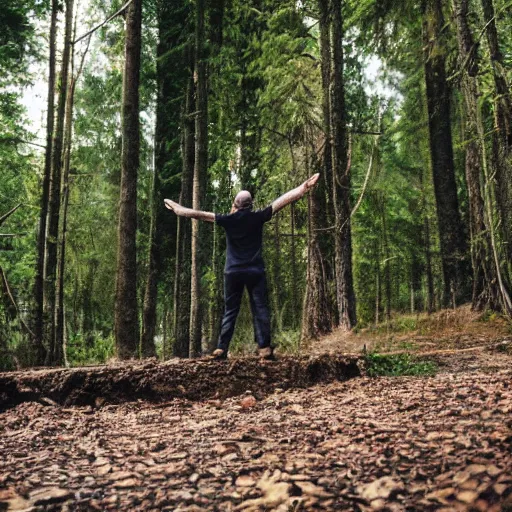 Prompt: A man yelling into pit of void in the middle of the forest!