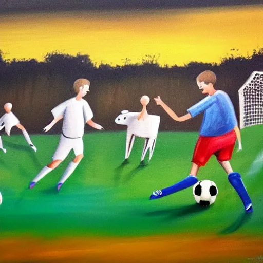 Image similar to painting of soccer game played by cows