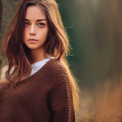 Prompt: real life photo of a beautiful girl, full body photoshoot, long brown hair, brown eyes, full round face, short smile, belly free dark brown sweater, forest setting, cinematic lightning, medium shot, mid - shot, highly detailed, trending on artstation, unreal engine 4 k, 8 0 mm, 8 5 mm, cinematic wallpaper
