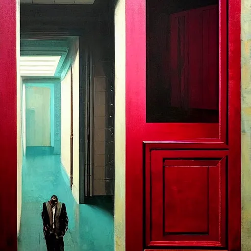 Image similar to diego dayer, hyperrealistic surrealism, award winning masterpiece with incredible details, a surreal vaporwave painting of pink door leading to a teal room, mirrors everywhere, highly detailed, hallway with black and white checkered floor, intricate, elegant