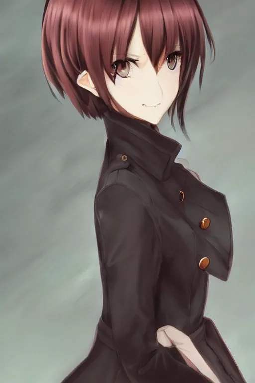 Prompt: medium close-up of a manga girl with a stylish trenchcoat by krenz cushart, black medium length Dutch bob cut hair with straight bangs, poster