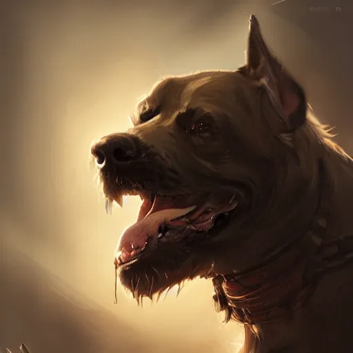 Prompt: cinematic portrait of brutal epic dog, concept art, artstation, glowing lights, highly detailed