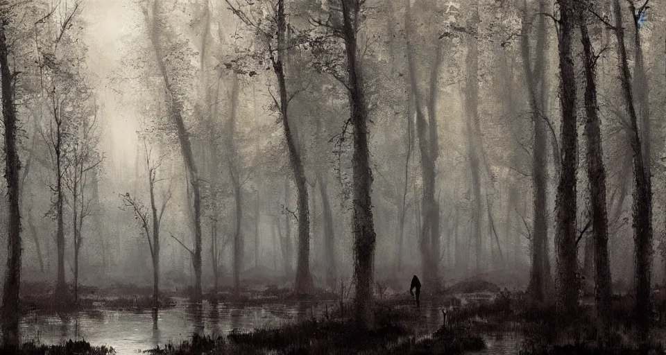 Image similar to A dense and dark enchanted forest with a swamp, by JAKUB ROZALSKI