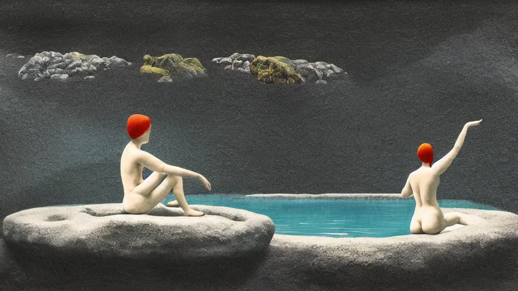 Prompt: a bather at a steaming natural hot spring in a nook of river stones, in an epic valley, japan, a collage painting, in the style of wes anderson, lola dupre, david hockney, isolated on negative white space background dark monochrome neon spraypaint accents volumetric octane render