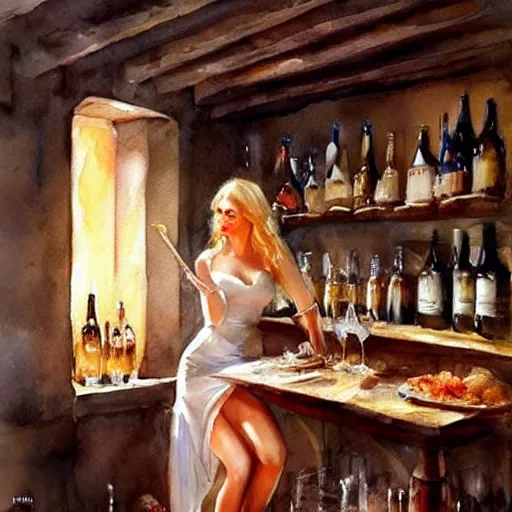 Image similar to beautiful blonde in hot dress in a wine cellar, food, pork, beer, schnapps, rustic, traditional, torches on the wall, watercolor by vladimir volegov, highly detailed, masterpiece