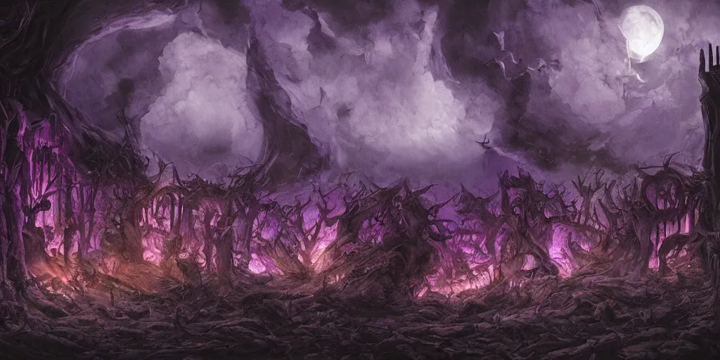 Image similar to hyper detailed beautiful painting of the gates to hell, midnight, moon light, volumetric lighting, dark, purple light, scary, sad, back lit