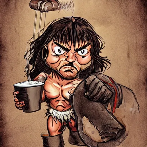 Image similar to conan the barbarian working as a barista in the style of conan the barbarian by frank frazzetta