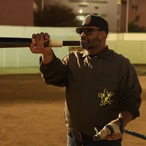 Prompt: Still of Big Smoke wielding a baseball bat in Better Call Saul