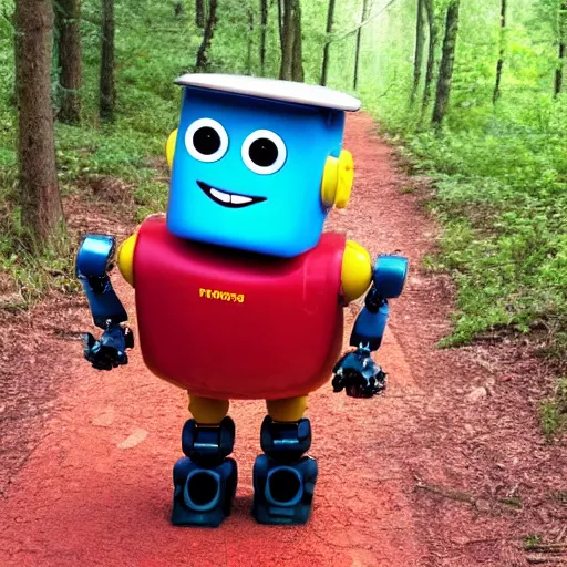 Image similar to cute smiling robot with tomato hat, trekking in a forest, pixar style