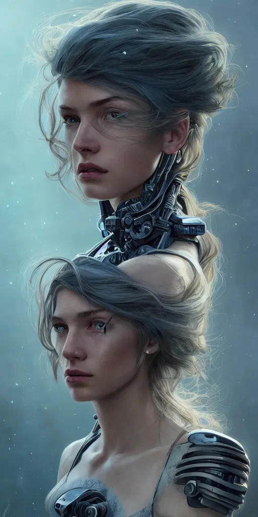 Prompt: portrait of a young ruggedly beautiful but joyful cyborg, female, femenine, upper body, aquamarine color hair, long hair, d & d, fantasy, piercing eyes, intricate, elegant, highly detailed, digital painting, artstation, concept art, matte, sharp focus, illustration, art by artgerm and greg rutkowski and alphonse mucha