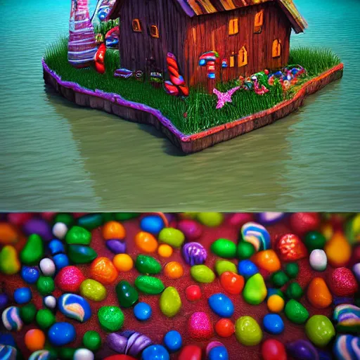 Image similar to a witches house made out of candies on the ocean, epic scene, fantasy, redshift render, cgi, hyper - detailed, photo - bash, 8 k post - production, masterpiece