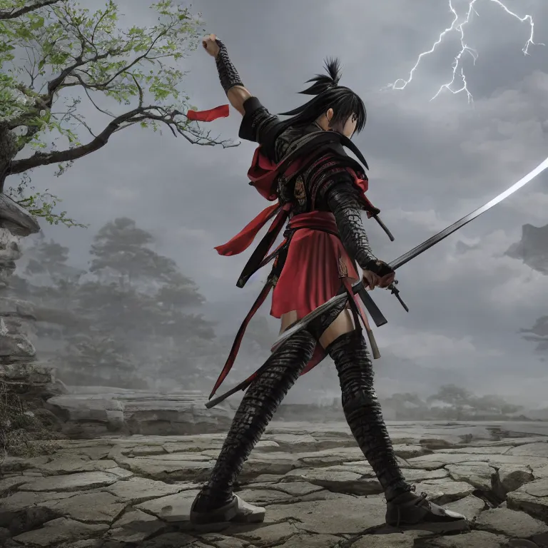 Prompt: samurai standing at the entrance to meifumado, while holding a lightning-katana, seeking vengeance against those who killed his master, matte painting by shirow masamune and hiyao miyazaki, hyperrealism, 4k, 8k, uhd, rtx on, nvidia, unreal engine, octane render, trending on deviantart