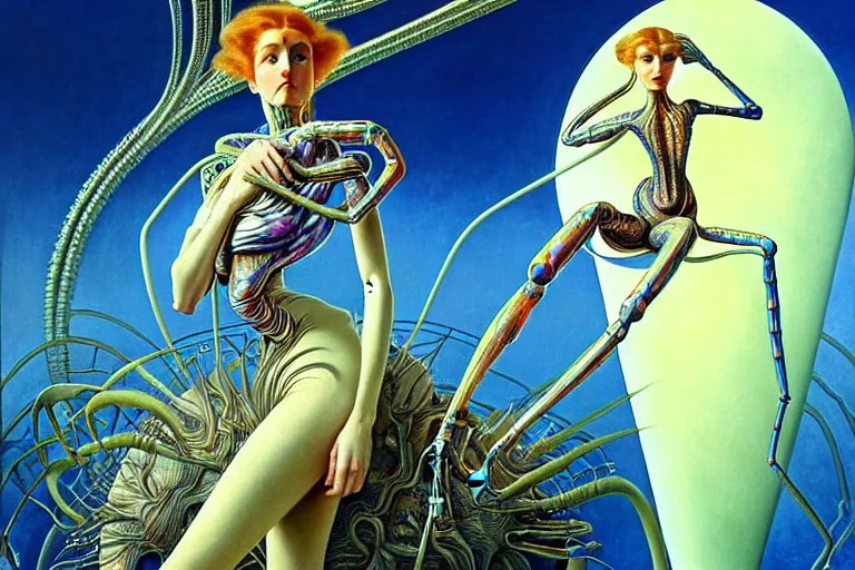 Image similar to realistic extremely detailed portrait painting of a fully dressed woman with a giant spider, futuristic sci-fi landscape on background by Amano, Yves Tanguy, Alphonse Mucha, Ernst Haeckel, Edward Robert Hughes, Roger Dean, rich moody colours, blue eyes