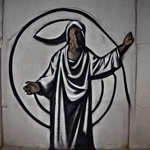 Image similar to monochromatic black graffiti spray-paint mural of blindfolded Jesus wearing a white linen blindfold, arms outstretched, rays of light emanate from his fingers, painted on a concrete wall by Minerva Teichert in the style of Orthodox iconography, Portra 400