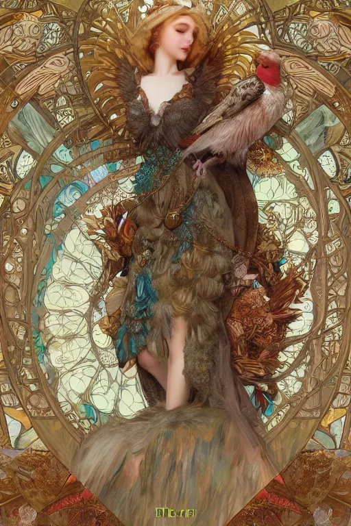 Image similar to zoom in 3 d render of english princess holding birds, ornaments, mucha vibe, dieselpunk, solarpunk, artstation, andrei riabovitchev