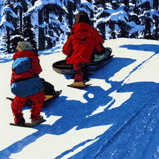 Image similar to Pogg and Yuurei sledding in Canada, 4k, sharp focus,woodcut art, greg rutkowski