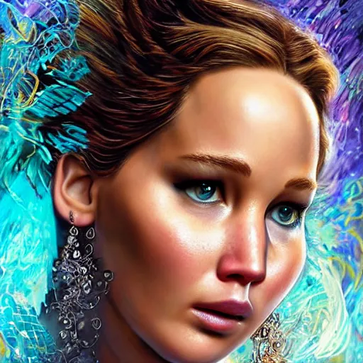 Prompt: An extremely ornate portrait of a Jennifer Lawrence, ultradetailed, intricate, elegant, digital art painting, smooth, sharp focus, magazine art cover illustration, regal, award winning picture, extremely detailed masterpiece, sense of awe, featured on Artstation, Artgerm, magic the gathering, mtg, D&D, dungeons and dragons,8K detail post-processing.