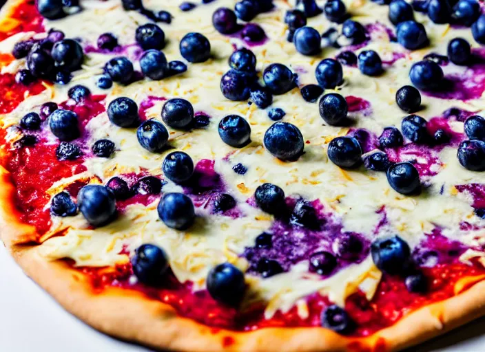 Prompt: A delicious plate of a big pizza with small blueberries on, extra cheese, close up food photography, studio lighting, Sigma 35mm f/1.4