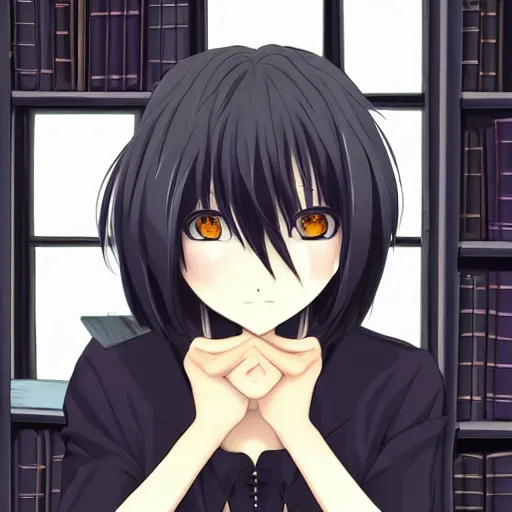 Prompt: 1 7 - year - old anime goth girl, black hair, long bob cut, long bangs, gothic coat, gloomy library, deep blue lighting, old library, sense of space, strong lighting, strong shadows, vivid hues, ultra - realistic, sharp details, subsurface scattering, intricate details, hd anime, 2 0 1 9 anime