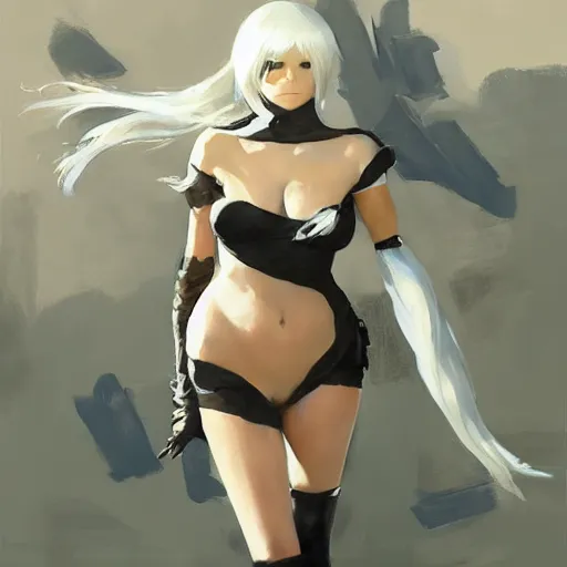 Prompt: greg manchess portrait painting of 2 b nier automata in a bikini, white long hair, organic painting, sunny day, matte painting, bold shapes, hard edges, street art, trending on artstation, by huang guangjian and gil elvgren and sachin teng